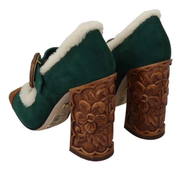Dolce & Gabbana Women's Chic Green Suede Mary Janes with Shearling Trim