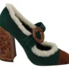 Dolce & Gabbana Women's Chic Green Suede Mary Janes with Shearling Trim