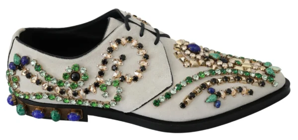 Dolce & Gabbana Women's Elegant White Suede Dress Flats with Crystals