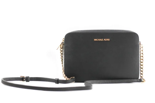 Michael Kors Women's Jet Set Large East West Saffiano Leather Crossbody Bag Handbag (Black Solid/Gold Hardware)