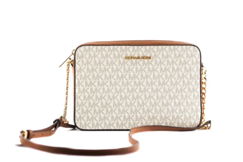Michael Kors Women's Jet Set Large East West Saffiano Leather Crossbody Bag Handbag (Vanilla Signature)