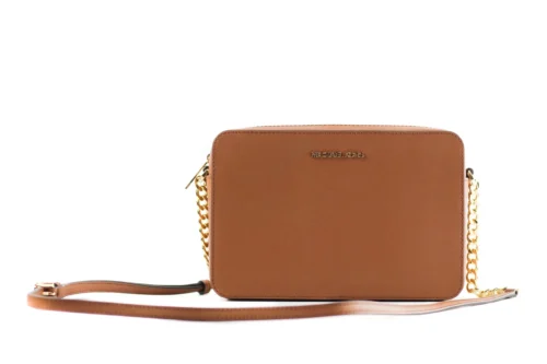 Michael Kors Women's Jet Set Large East West Saffiano Leather Crossbody Bag Handbag (Luggage Solid/Gold)