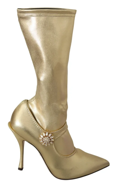 Dolce & Gabbana Women's Elegant Gold Ankle Boots Socks with Rhinestones