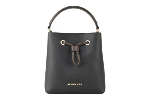 Michael Kors Women's Suri Medium Black Leather Brown Handle Bucket Messenger Hand Bag