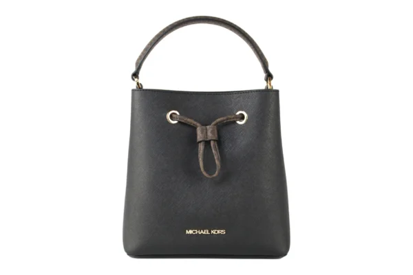 Michael Kors Women's Suri Medium Black Leather Brown Handle Bucket Messenger Hand Bag
