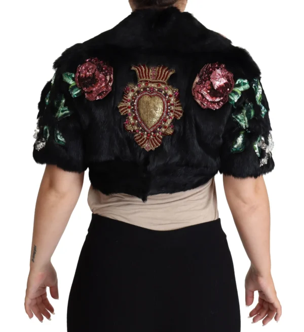 Dolce & Gabbana Women's Elegant Black Rabbit Fur Crystal Jacket