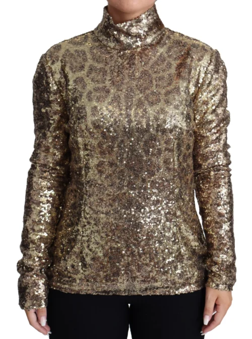 Dolce & Gabbana Women's Sequined Turtleneck Full Zip Sweater in Brown