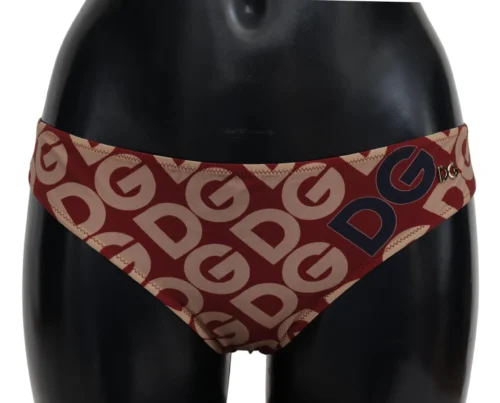 Dolce & Gabbana Women's Chic Maroon Beige Logo Print Bikini Bottom