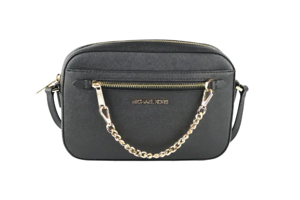 Michael Kors Women's Jet Set Item Large East West Saffiano Leather Zip Chain Crossbody Handbag (Black Solid/Gold)
