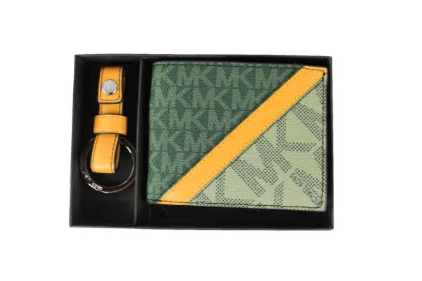 Michael Kors Women's Gifting Slim Signature Bifold with Key Fob Box Set (Green/Marigold)