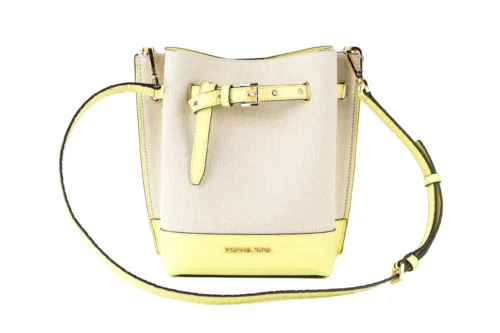Michael Kors Women's Emilia Small Canvas Snakeskin Print Leather Bucket Bag Messenger Crossbody Handbag (Buttercup)