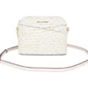 Michael Kors Women's Jet Set Travel Medium Leather X Cross Dome Crossbody Handbag (Vanilla Signature/Powder Blush)