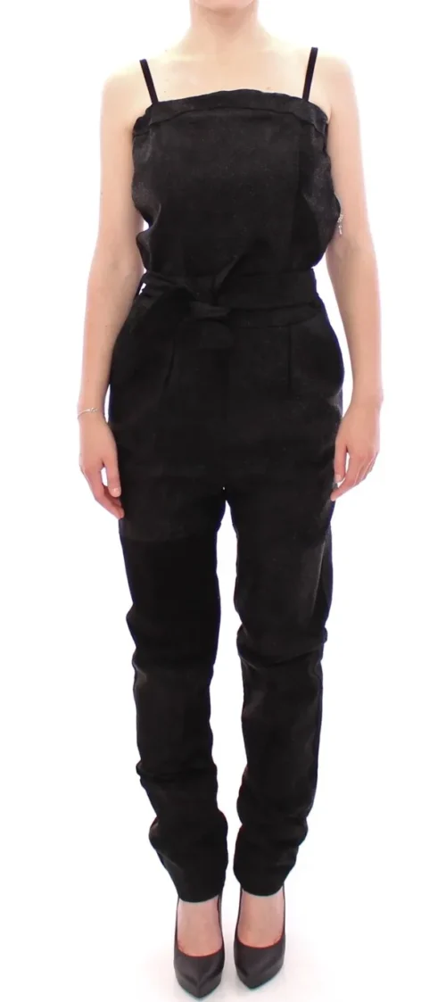 La Maison du Couturier Women's Elegant Black Leather Jumpsuit with Waist Strap