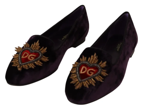 Dolce & Gabbana Women's Chic Purple Velvet Loafers with Heart Detail