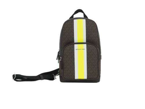 Michael Kors Women's Cooper Medium Signature PVC Varsity Stripe Commuter Slingpack Crossbody Bag (Brown Signature/Neon)