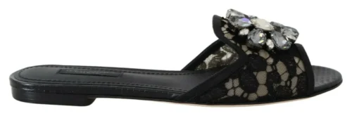 Dolce & Gabbana Women's Elegant Black Lace Mules with Jewel Flower Detail