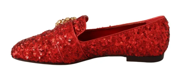 Dolce & Gabbana Women's Sequined Red Flat Loafers with Crystal Gems