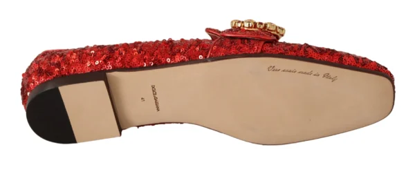 Dolce & Gabbana Women's Sequined Red Flat Loafers with Crystal Gems