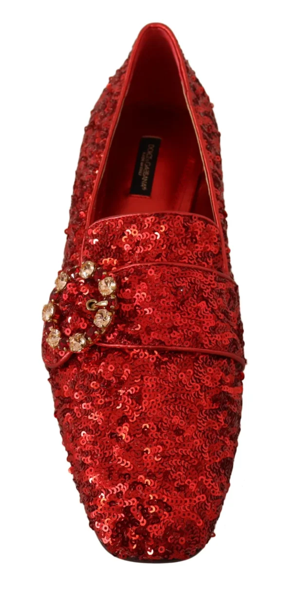 Dolce & Gabbana Women's Sequined Red Flat Loafers with Crystal Gems