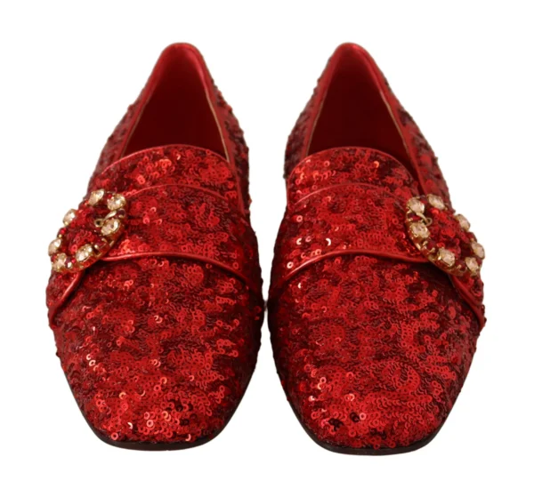 Dolce & Gabbana Women's Sequined Red Flat Loafers with Crystal Gems