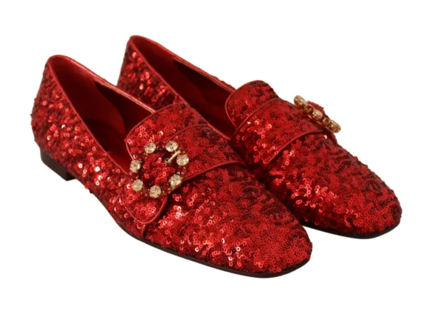 Dolce & Gabbana Women's Sequined Red Flat Loafers with Crystal Gems