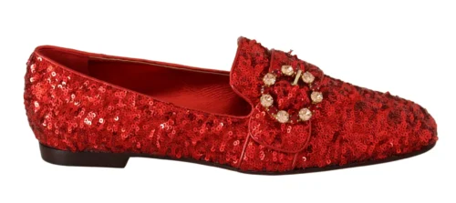 Dolce & Gabbana Women's Sequined Red Flat Loafers with Crystal Gems