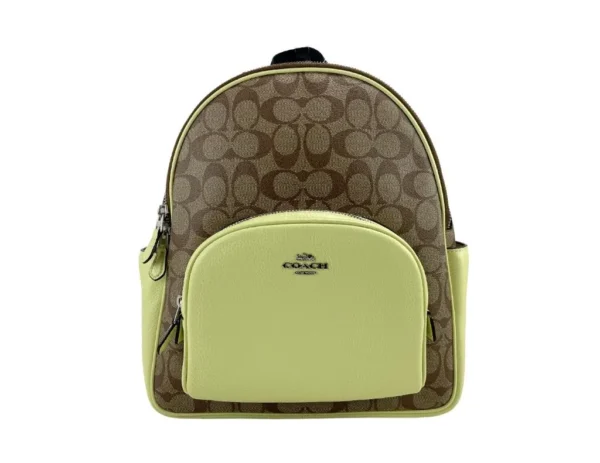 COACH Women's (5671) Court Signature Leather Khaki/Pale Lime Medium Backpack Bookbag Bag