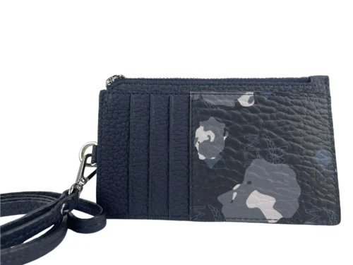 MCM Women's Portuna Visetos Black Floral Camo Leather Card Case Necklace Lanyard Wallet