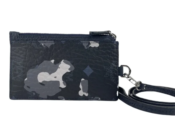 MCM Women's Portuna Visetos Black Floral Camo Leather Card Case Necklace Lanyard Wallet