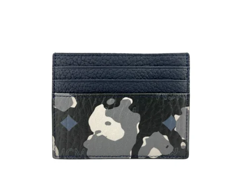 MCM Women's Portuna Mini Black Floral Camo Visetos Leather Money Clip Card Case Wallet Black