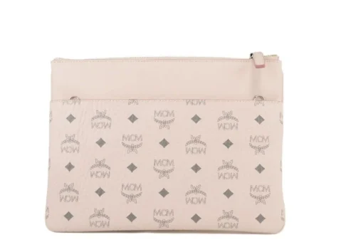 MCM Women's Portuna Medium Visetos Powder Pink Coated Canvas Flat Pouch Crossbody Bag