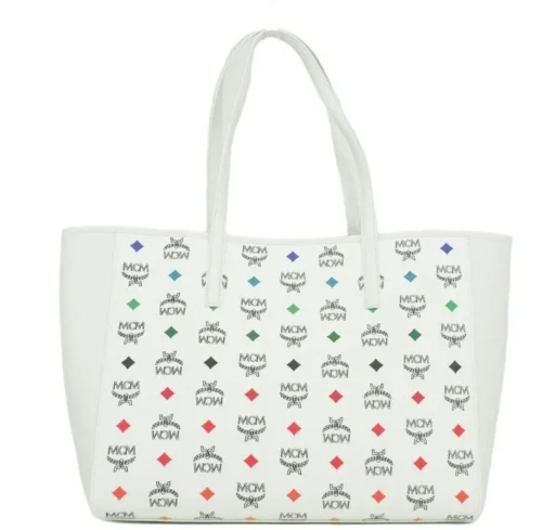 MCM Women's Portuna Medium White Logo Visetos Tumbled Leather Multifunction Tote Handbag