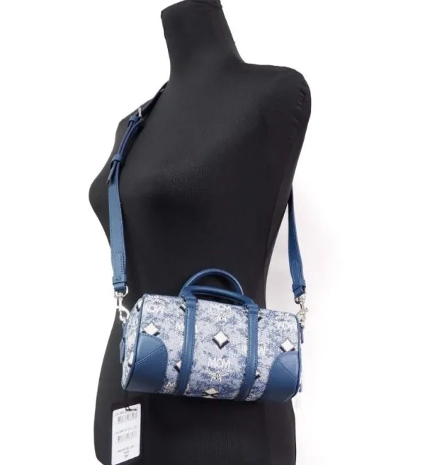 MCM Women's Boston Mini Blue Vintage Jacquard Logo Fabric Satchel Crossbody Handbag