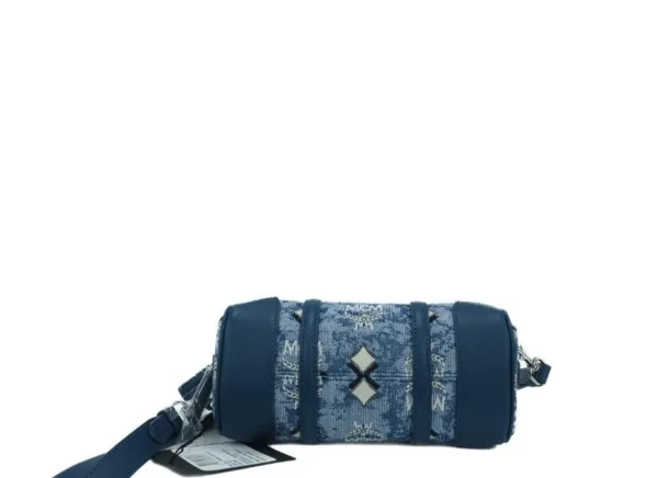 MCM Women's Boston Mini Blue Vintage Jacquard Logo Fabric Satchel Crossbody Handbag