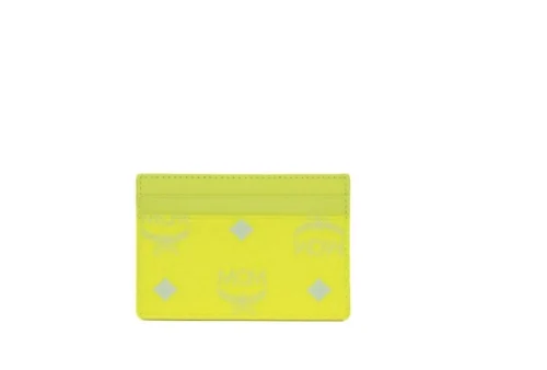 MCM Women's Spectrum Diamond Mini Neon Yellow Visetos Leather Card Case Holder Wallet