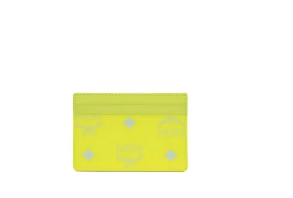 MCM Women's Spectrum Diamond Mini Neon Yellow Visetos Leather Card Case Holder Wallet