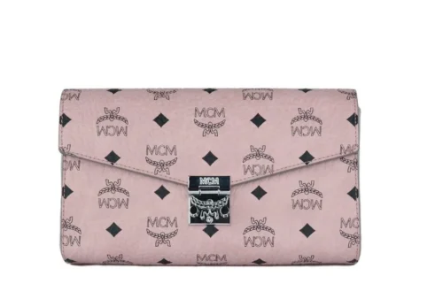 MCM Women's Medium Soft Pink Signature Diamond Logo Leather Clutch Crossbody Handbag