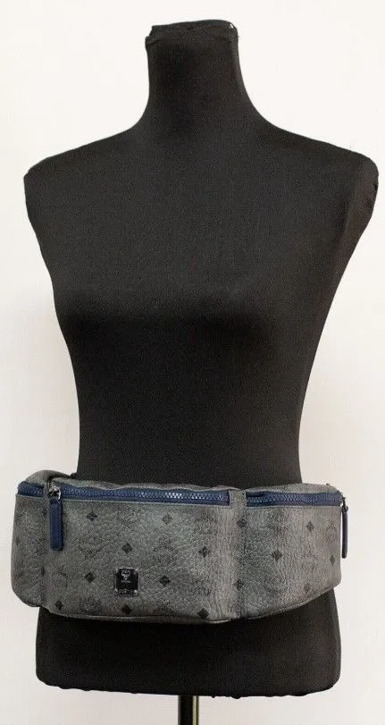 MCM Women's Large Visetos Phantom Grey Triple Pocket Sling Belt Bag