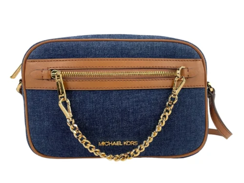 Michael Kors Women's Jet Set Large East West Indigo Denim Zip Chain Crossbody Bag Purse