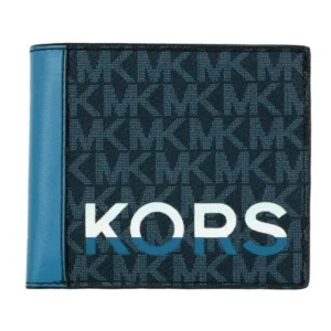 Michael Kors Women's Cooper Blue Multi Signature Leather Graphic Logo Billfold Wallet