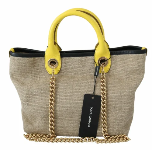 Dolce & Gabbana Women's Beige Linen-Calf Tote with Gold Chain