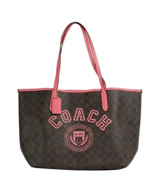 COACH Women's Varsity Brown Watermelon Signature Canvas City Tote Handbag Purse