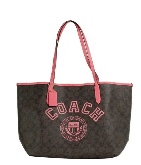 COACH Women's Varsity Brown Watermelon Signature Canvas City Tote Handbag Purse