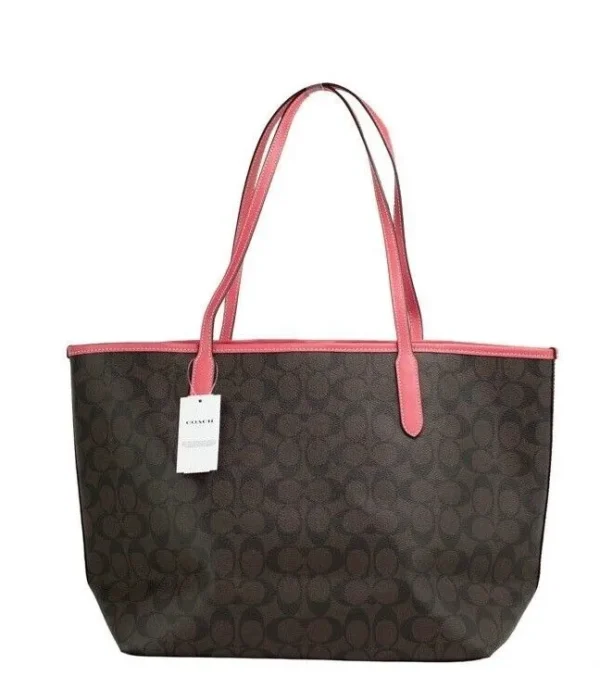 COACH Women's Varsity Brown Watermelon Signature Canvas City Tote Handbag Purse