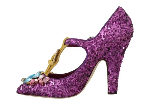 Dolce & Gabbana Women's Elegant Purple Sequined T-Strap Heels
