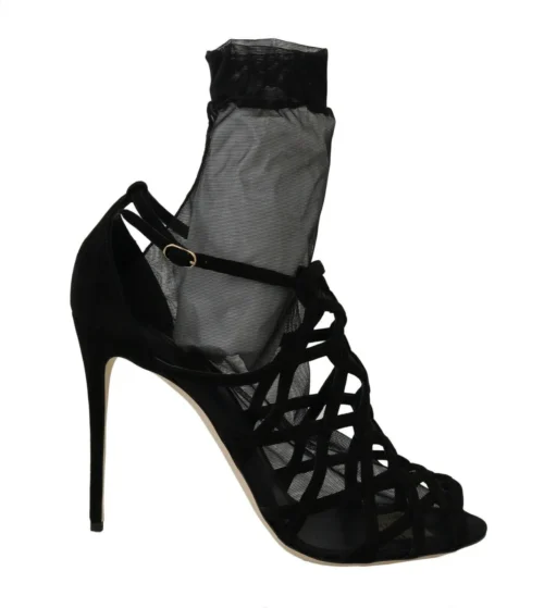Dolce & Gabbana Women's Black Suede Tulle Ankle Boot Sandals