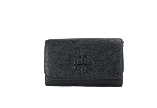 Tory Burch Women's Thea Small Black Pebble Leather Flat Wallet Crossbody Handbag
