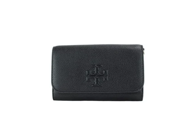 Tory Burch Women's Thea Small Black Pebble Leather Flat Wallet Crossbody Handbag