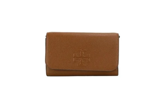 Tory Burch Women's Thea Small Moose Pebble Leather Flat Wallet Crossbody Handbag Brown