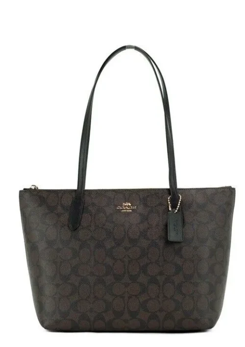 COACH Women's Brown Black Signature Canvas Medium Shoulder Tote Handbag Purse